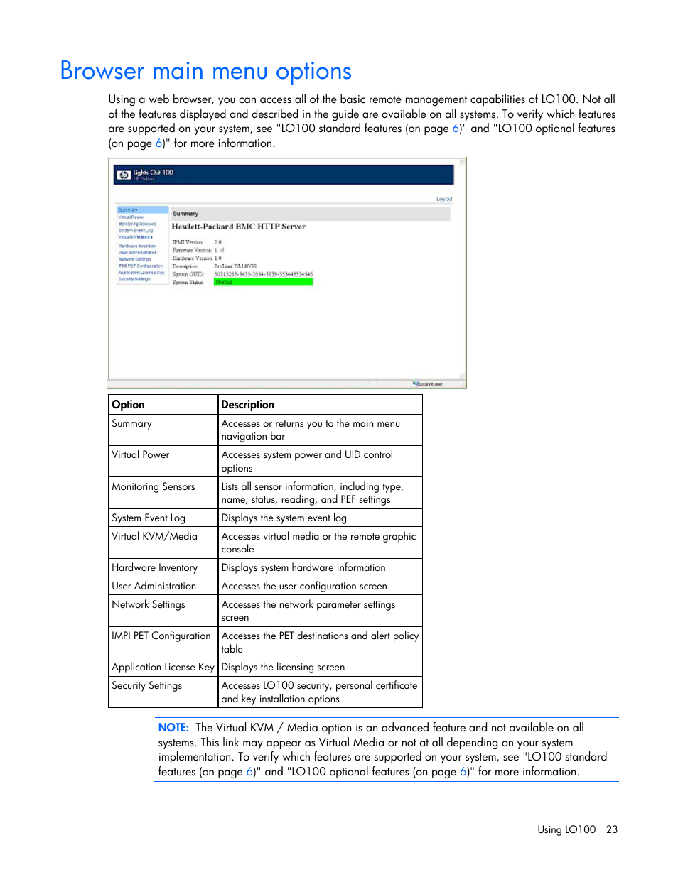 Browser main menu options | HP Lights-Out 100 Remote Management User Manual | Page 23 / 52