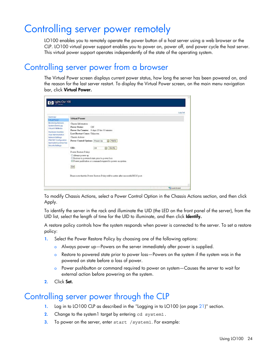 Controlling server power remotely, Controlling server power from a browser, Controlling server power through the clp | HP Lights-Out 100 Remote Management User Manual | Page 24 / 52