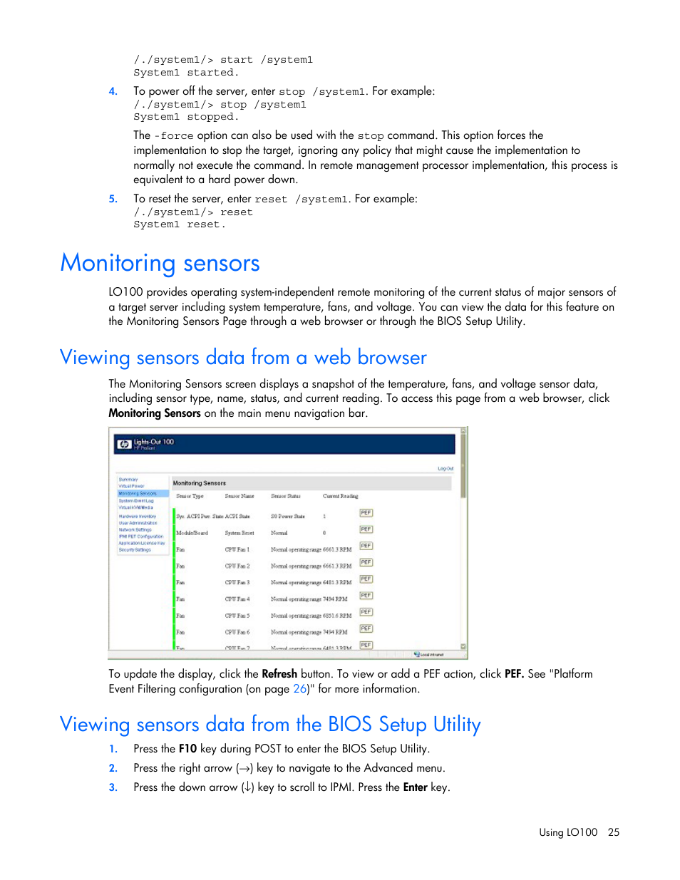 Monitoring sensors, Viewing sensors data from a web browser, Viewing sensors data from the bios setup utility | HP Lights-Out 100 Remote Management User Manual | Page 25 / 52