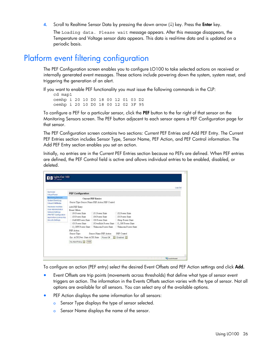 Platform event filtering configuration | HP Lights-Out 100 Remote Management User Manual | Page 26 / 52