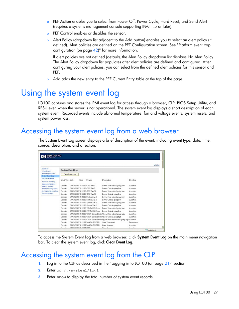 Using the system event log, Accessing the system event log from a web browser, Accessing the system event log from the clp | HP Lights-Out 100 Remote Management User Manual | Page 27 / 52