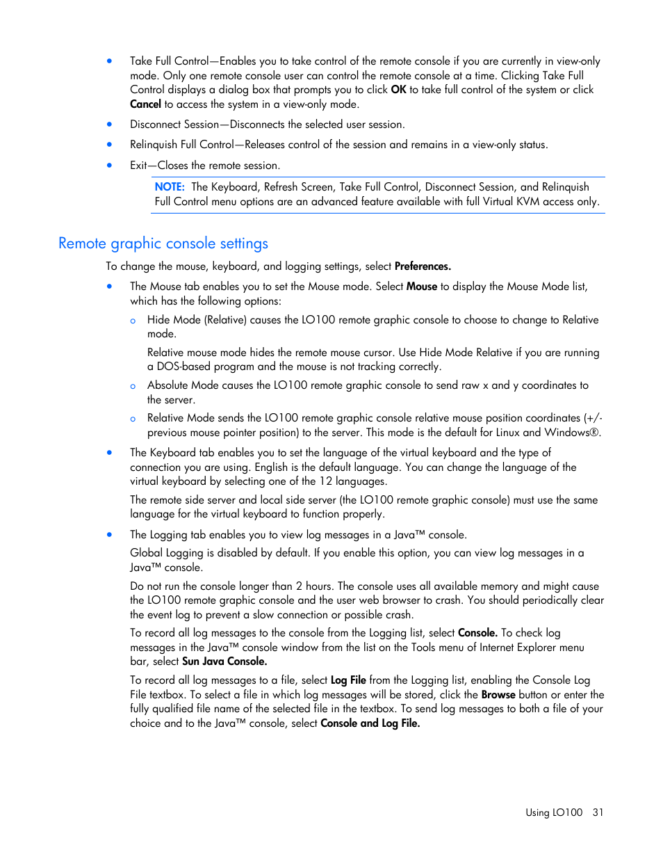 Ings, Remote graphic console settings, Remote | Graphic console settings, For more infor | HP Lights-Out 100 Remote Management User Manual | Page 31 / 52