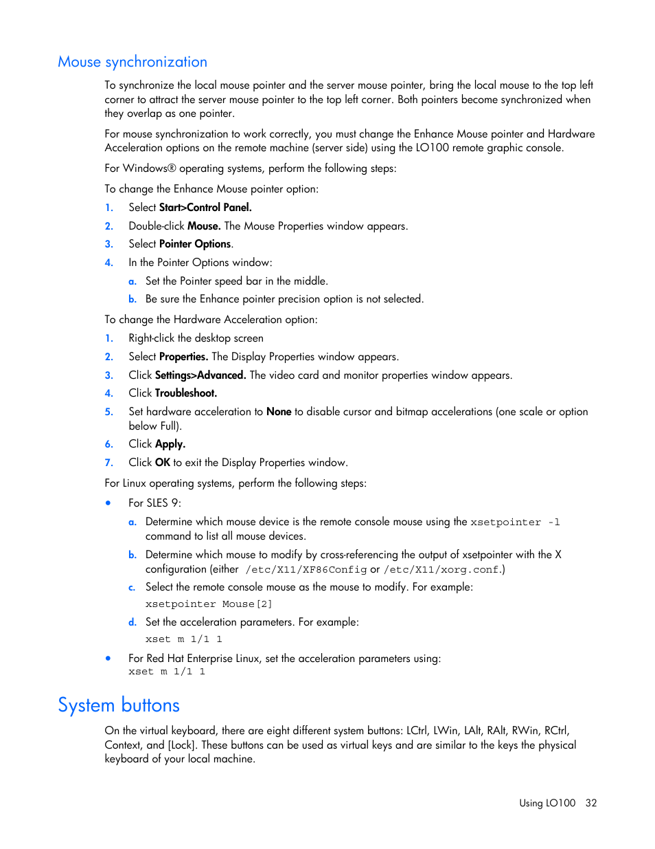 System buttons, For mo, Mouse synchronization | HP Lights-Out 100 Remote Management User Manual | Page 32 / 52