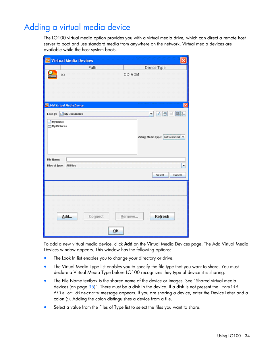 Adding a virtual media device | HP Lights-Out 100 Remote Management User Manual | Page 34 / 52