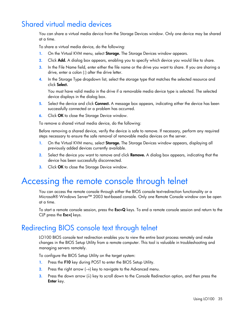 Shared virtual media devices, Accessing the remote console through telnet, Redirecting bios console text through telnet | HP Lights-Out 100 Remote Management User Manual | Page 35 / 52