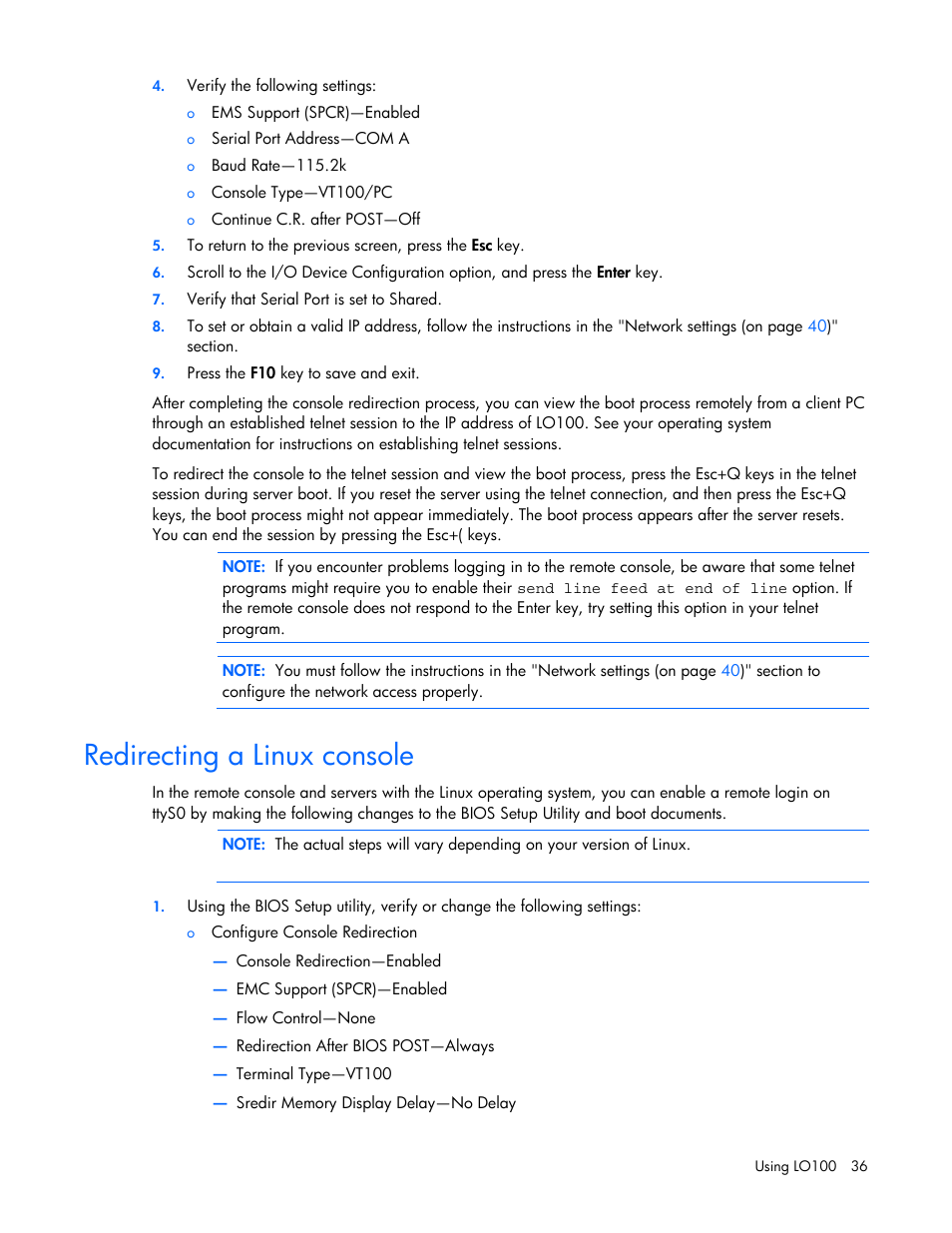 Redirecting a linux console | HP Lights-Out 100 Remote Management User Manual | Page 36 / 52