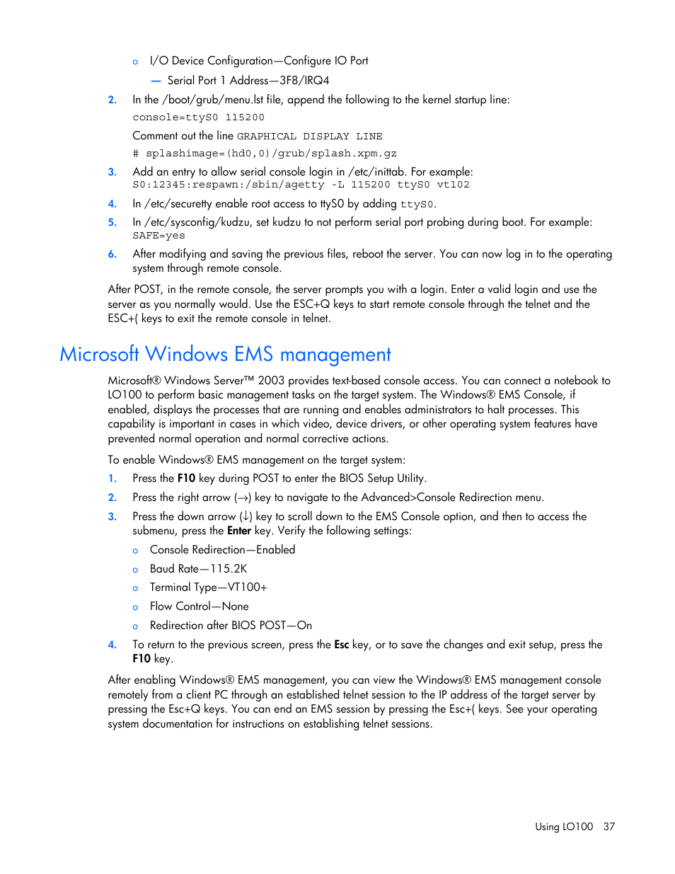 Microsoft windows ems management | HP Lights-Out 100 Remote Management User Manual | Page 37 / 52