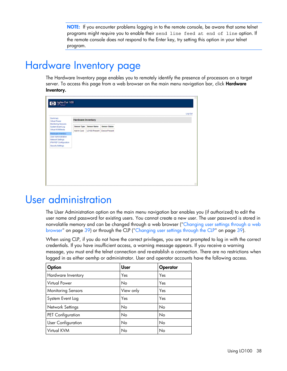 User administration, Hardware inventory page | HP Lights-Out 100 Remote Management User Manual | Page 38 / 52