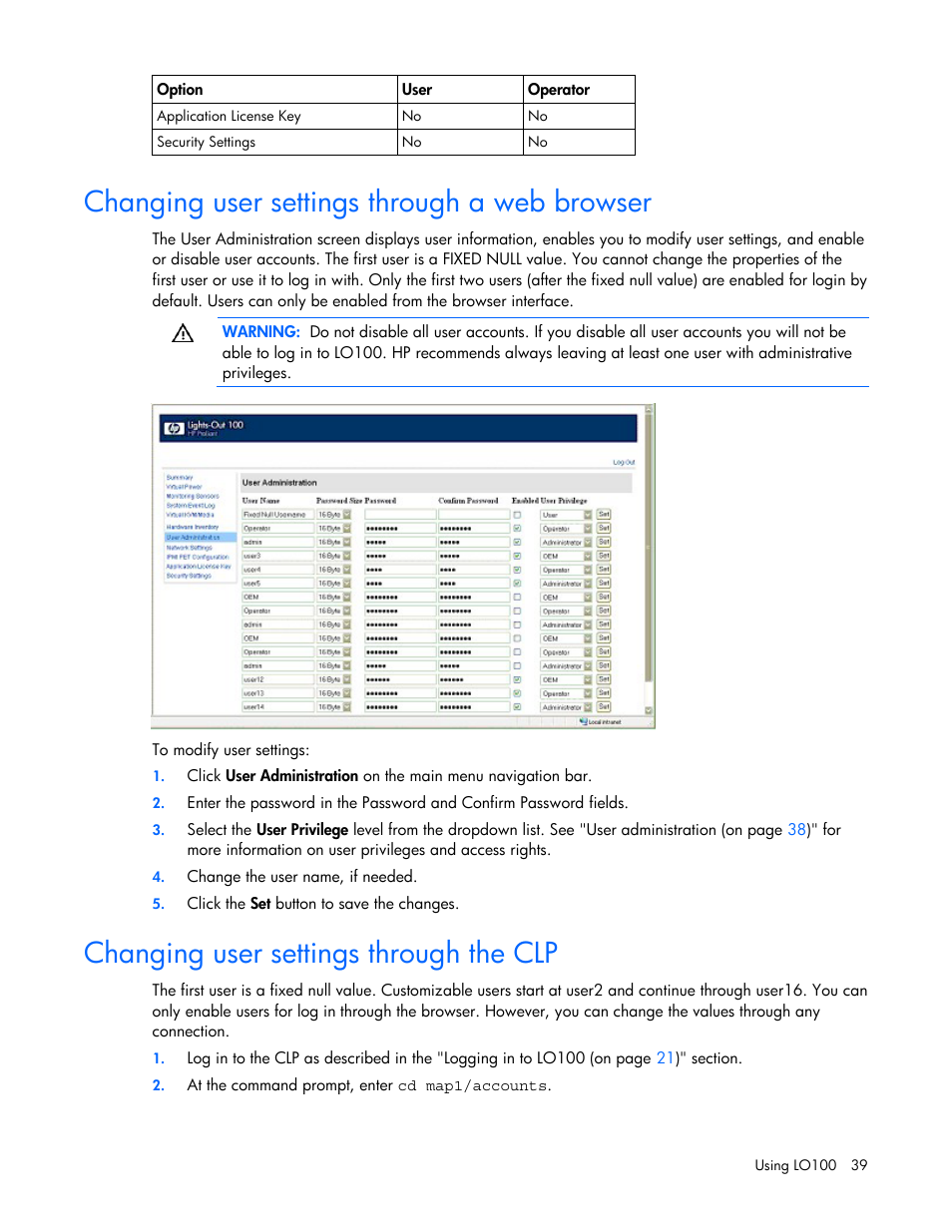 Changing user settings through a web browser, Changing user settings through the clp, H a web browser | Changing user settings through a web, Browser, Or t, Rough the clp | HP Lights-Out 100 Remote Management User Manual | Page 39 / 52