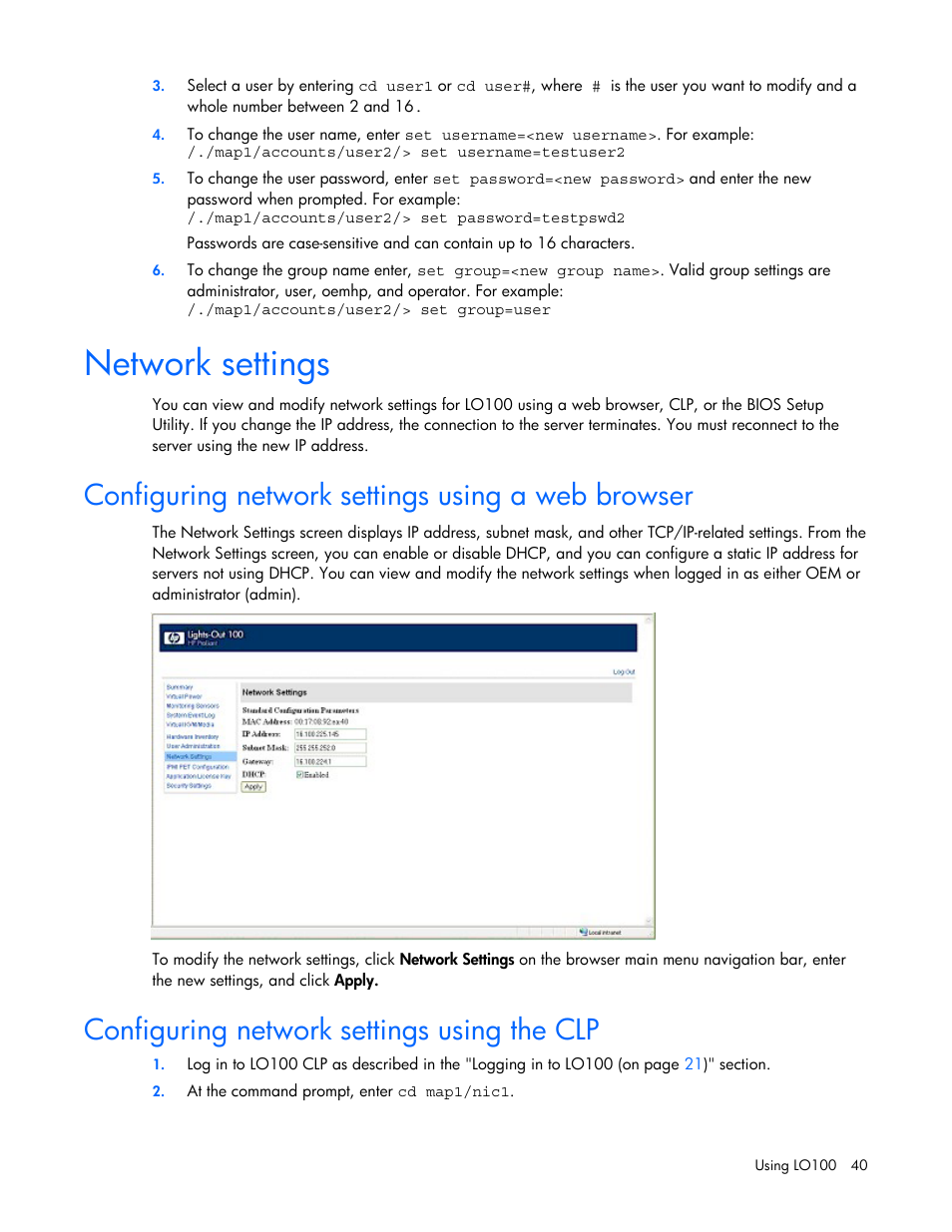 Network settings, Configuring network settings using a web browser, Configuring network settings using the clp | Sect | HP Lights-Out 100 Remote Management User Manual | Page 40 / 52