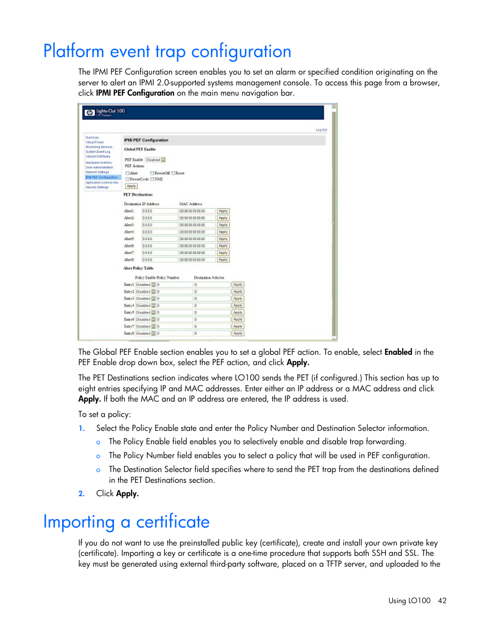 Platform event trap configuration, Importing a certificate, Setu | HP Lights-Out 100 Remote Management User Manual | Page 42 / 52