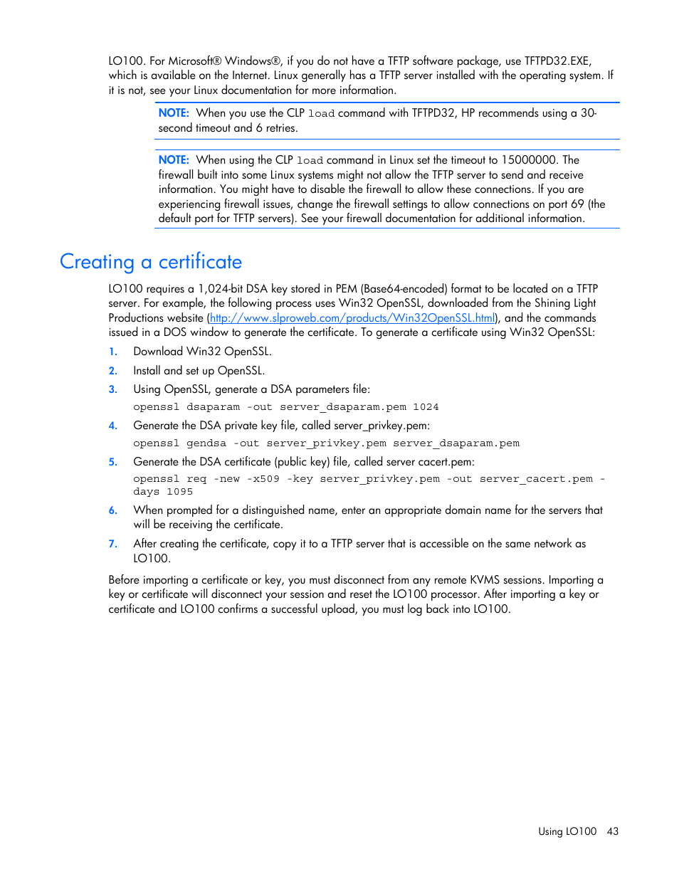 Creating a certificate | HP Lights-Out 100 Remote Management User Manual | Page 43 / 52