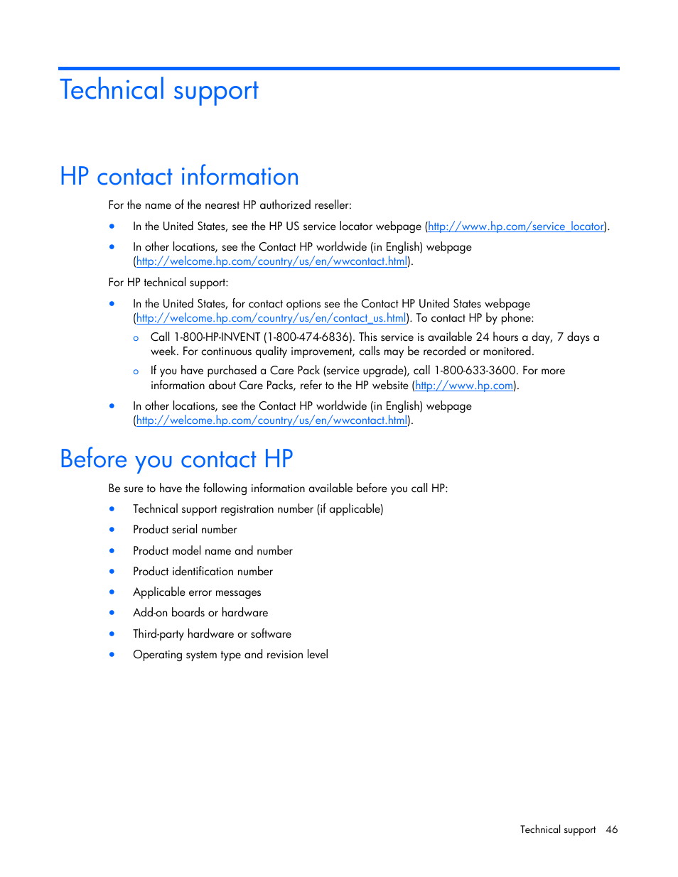 Technical support, Hp contact information, Before you contact hp | HP Lights-Out 100 Remote Management User Manual | Page 46 / 52