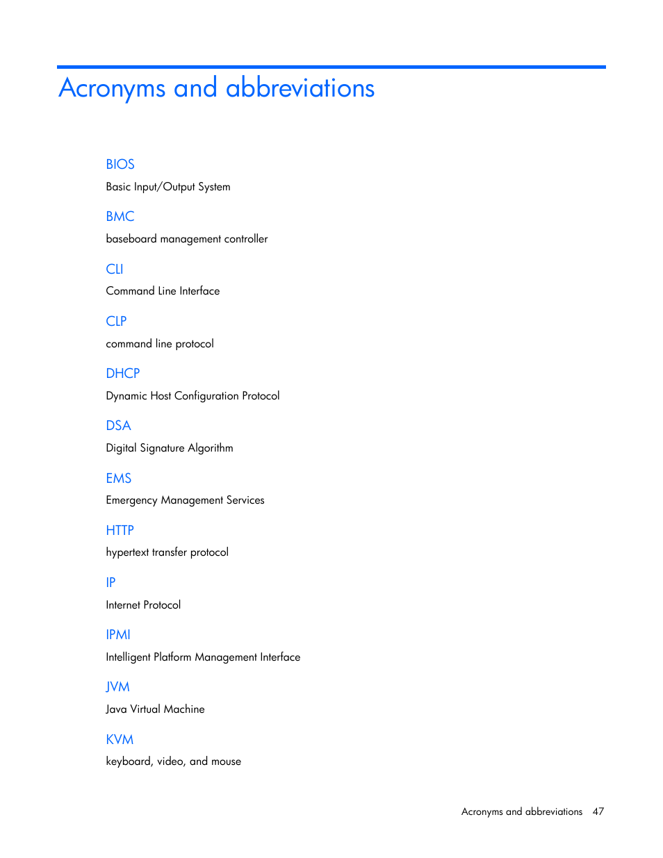 Acronyms and abbreviations | HP Lights-Out 100 Remote Management User Manual | Page 47 / 52