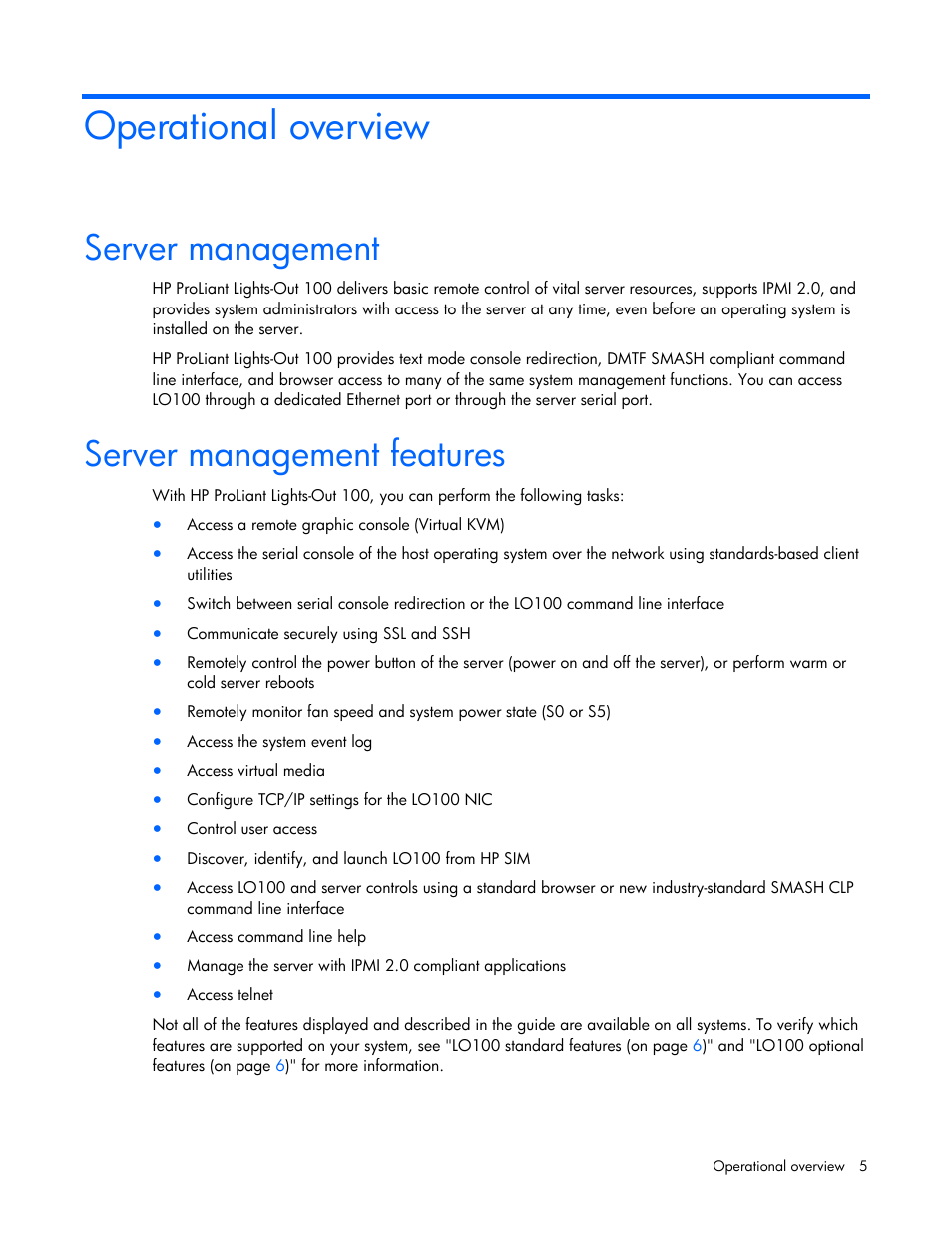 Operational overview, Server management, Server management features | HP Lights-Out 100 Remote Management User Manual | Page 5 / 52