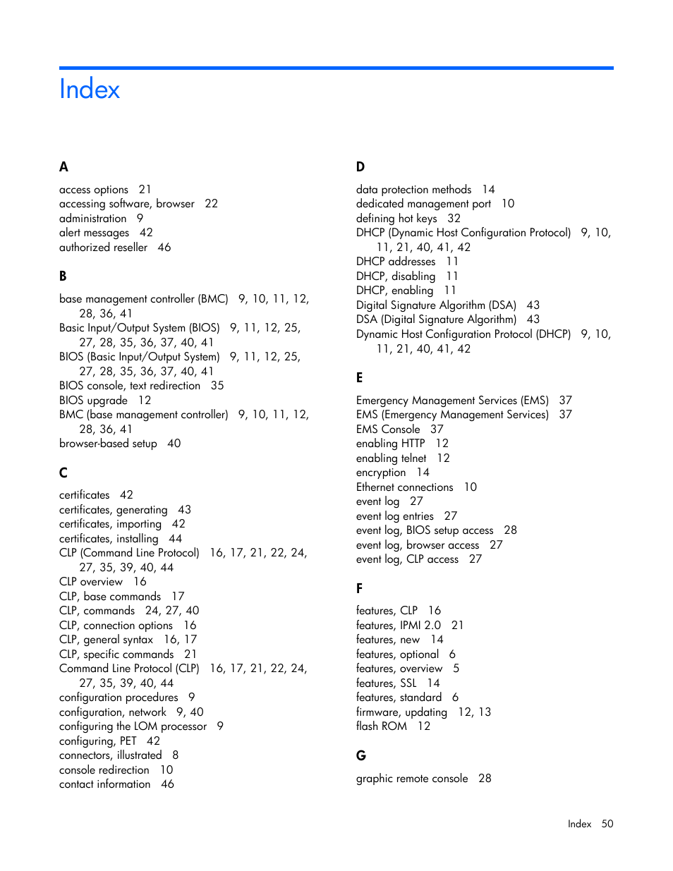 Index | HP Lights-Out 100 Remote Management User Manual | Page 50 / 52