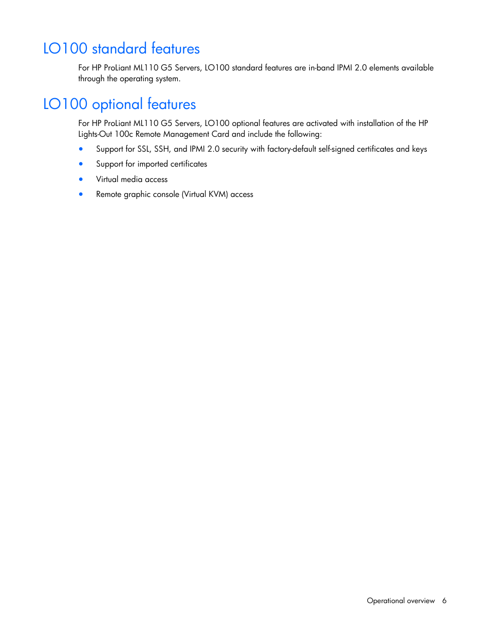 Lo100 standard features, Lo100 optional features, For m | HP Lights-Out 100 Remote Management User Manual | Page 6 / 52