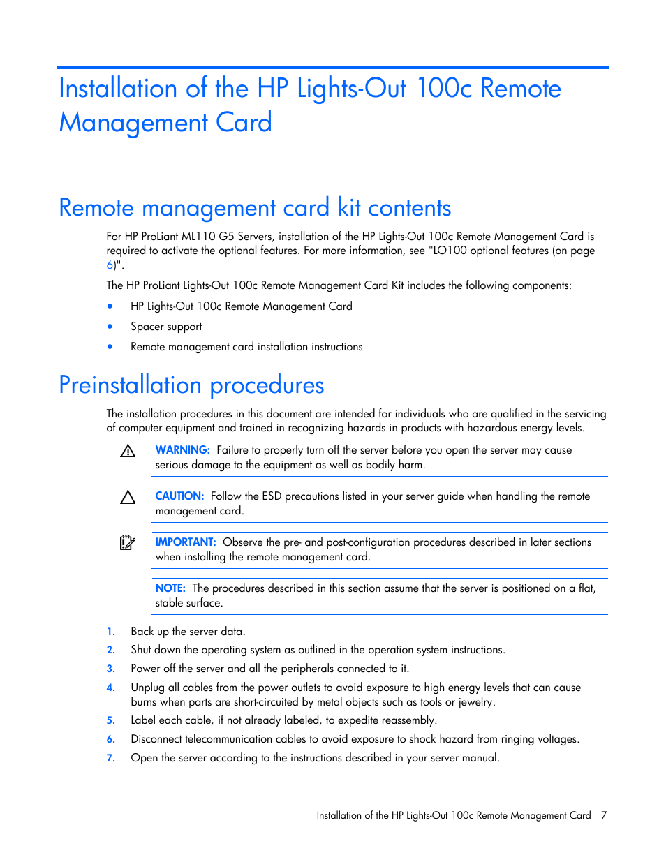 Remote management card kit contents, Preinstallation procedures | HP Lights-Out 100 Remote Management User Manual | Page 7 / 52