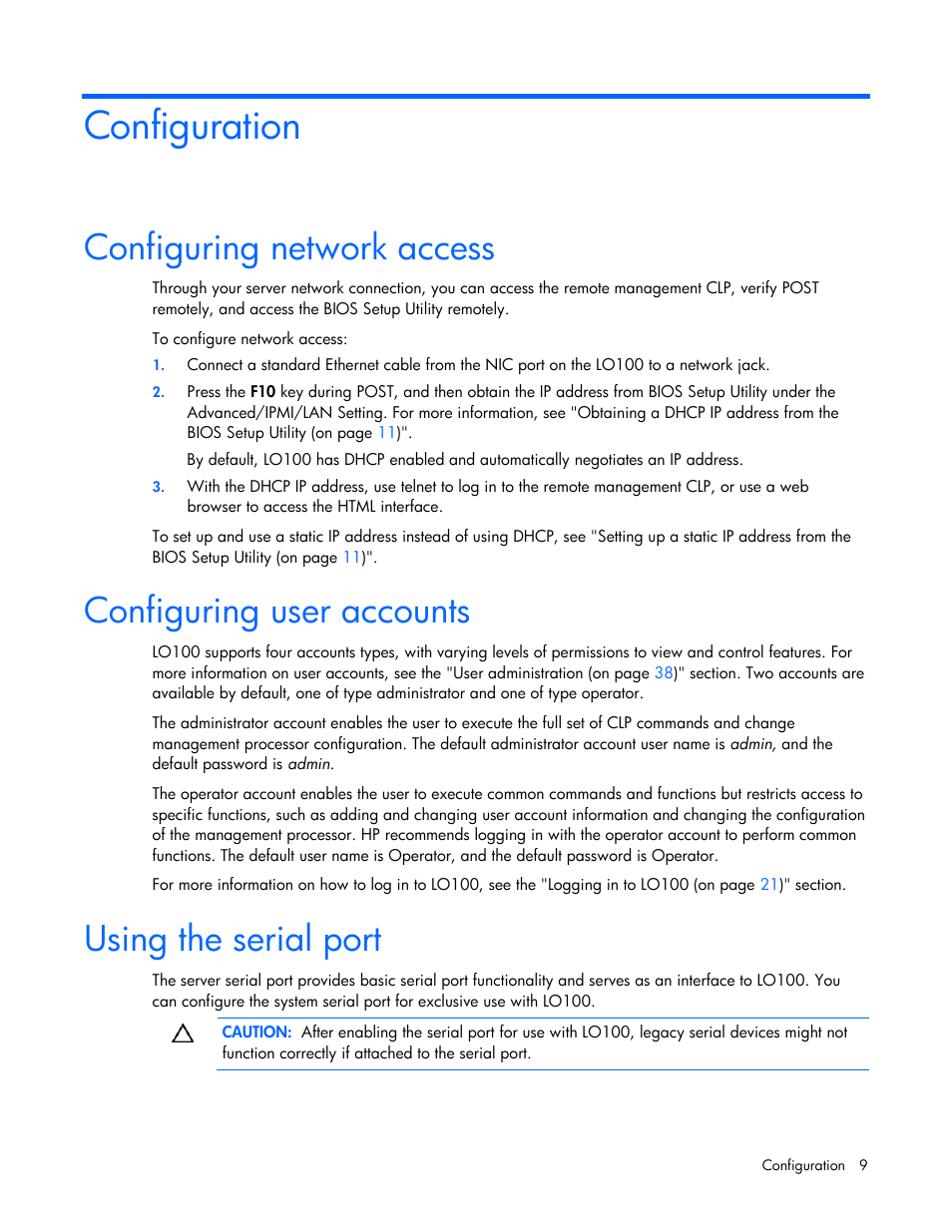 Configuration, Configuring network access, Configuring user accounts | Using the serial port | HP Lights-Out 100 Remote Management User Manual | Page 9 / 52