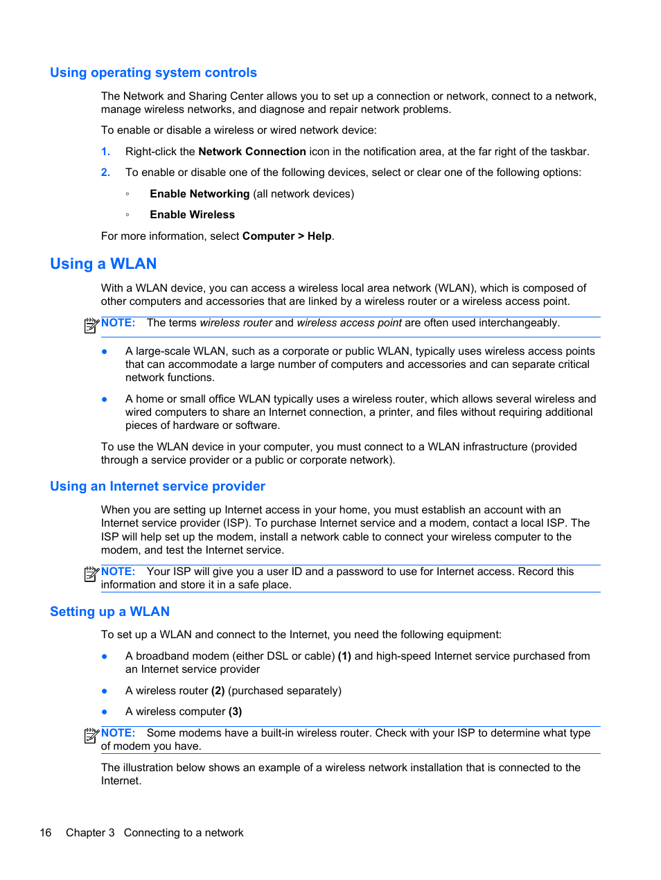 Using operating system controls, Using a wlan, Using an internet service provider | Setting up a wlan | HP 655 Notebook-PC User Manual | Page 26 / 83