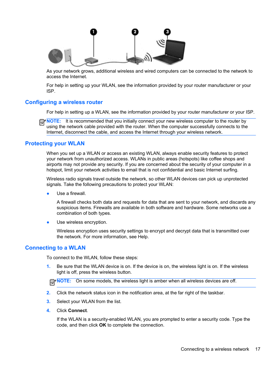 Configuring a wireless router, Protecting your wlan, Connecting to a wlan | HP 655 Notebook-PC User Manual | Page 27 / 83