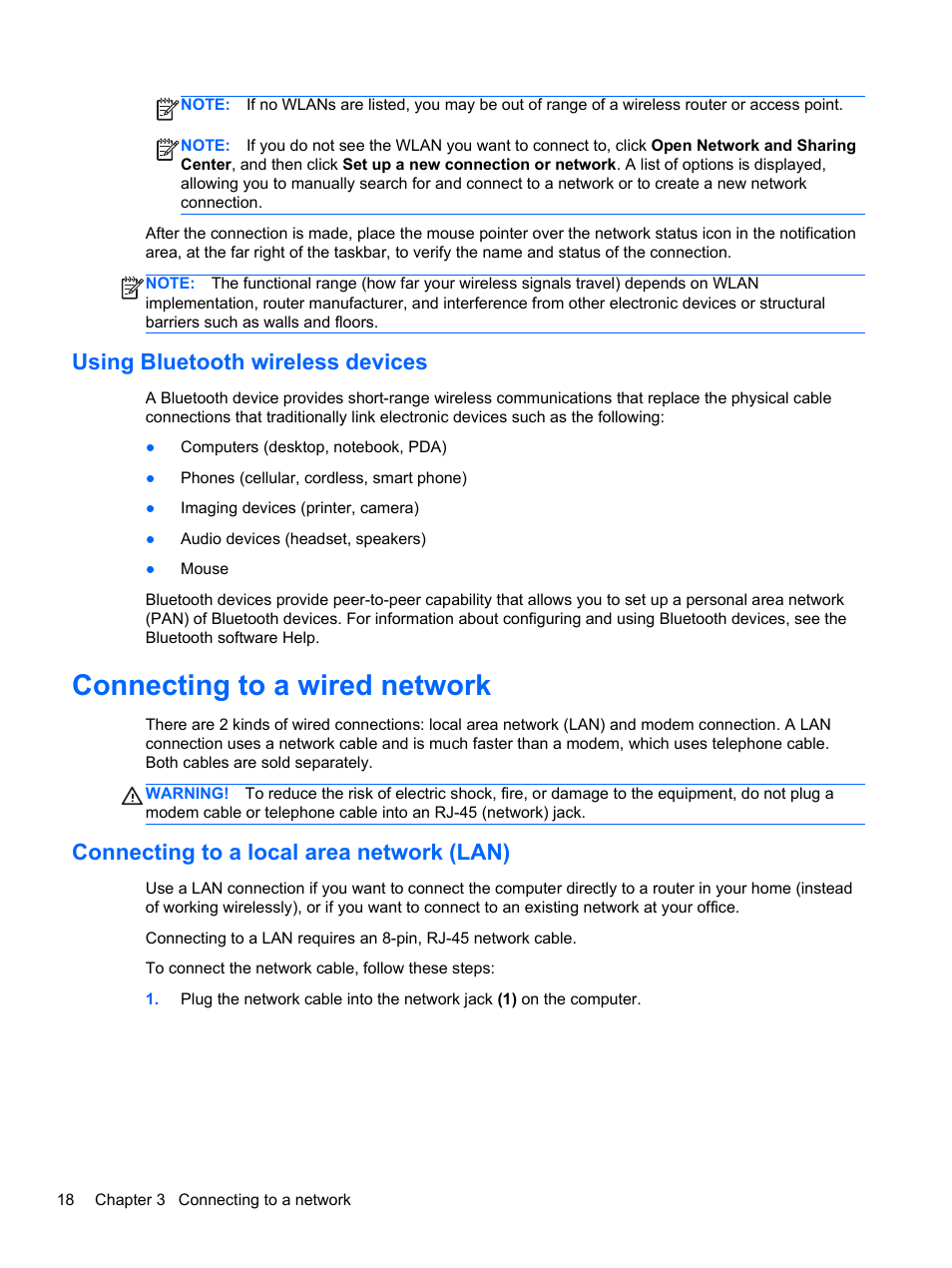 Using bluetooth wireless devices, Connecting to a wired network, Connecting to a local area network (lan) | HP 655 Notebook-PC User Manual | Page 28 / 83