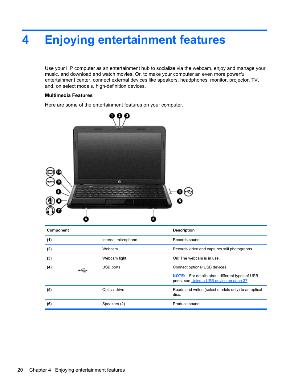 Enjoying entertainment features, 4 enjoying entertainment features, 4enjoying entertainment features | HP 655 Notebook-PC User Manual | Page 30 / 83