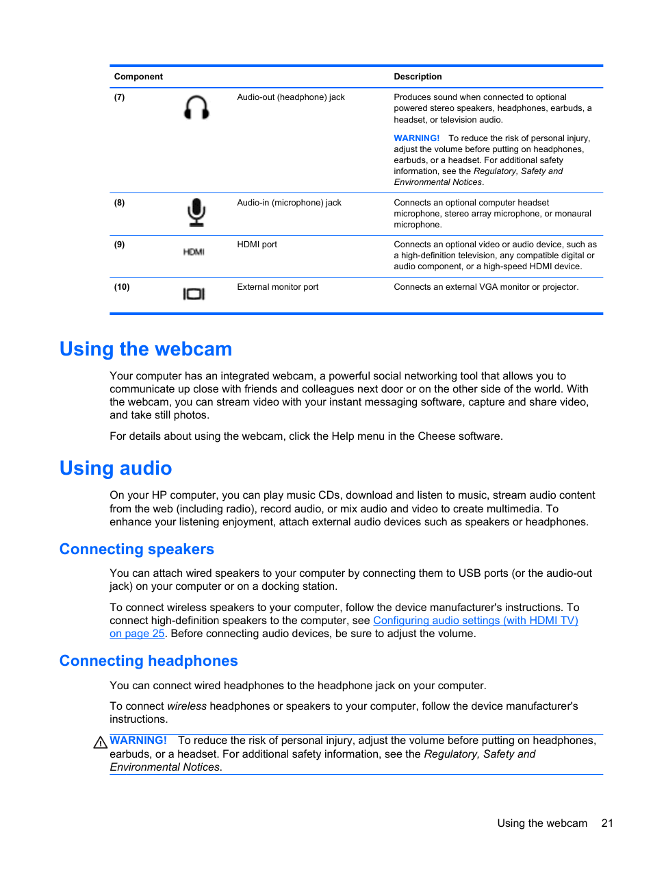 Using the webcam, Using audio, Connecting speakers | Connecting headphones, Connecting speakers connecting headphones, Using | HP 655 Notebook-PC User Manual | Page 31 / 83
