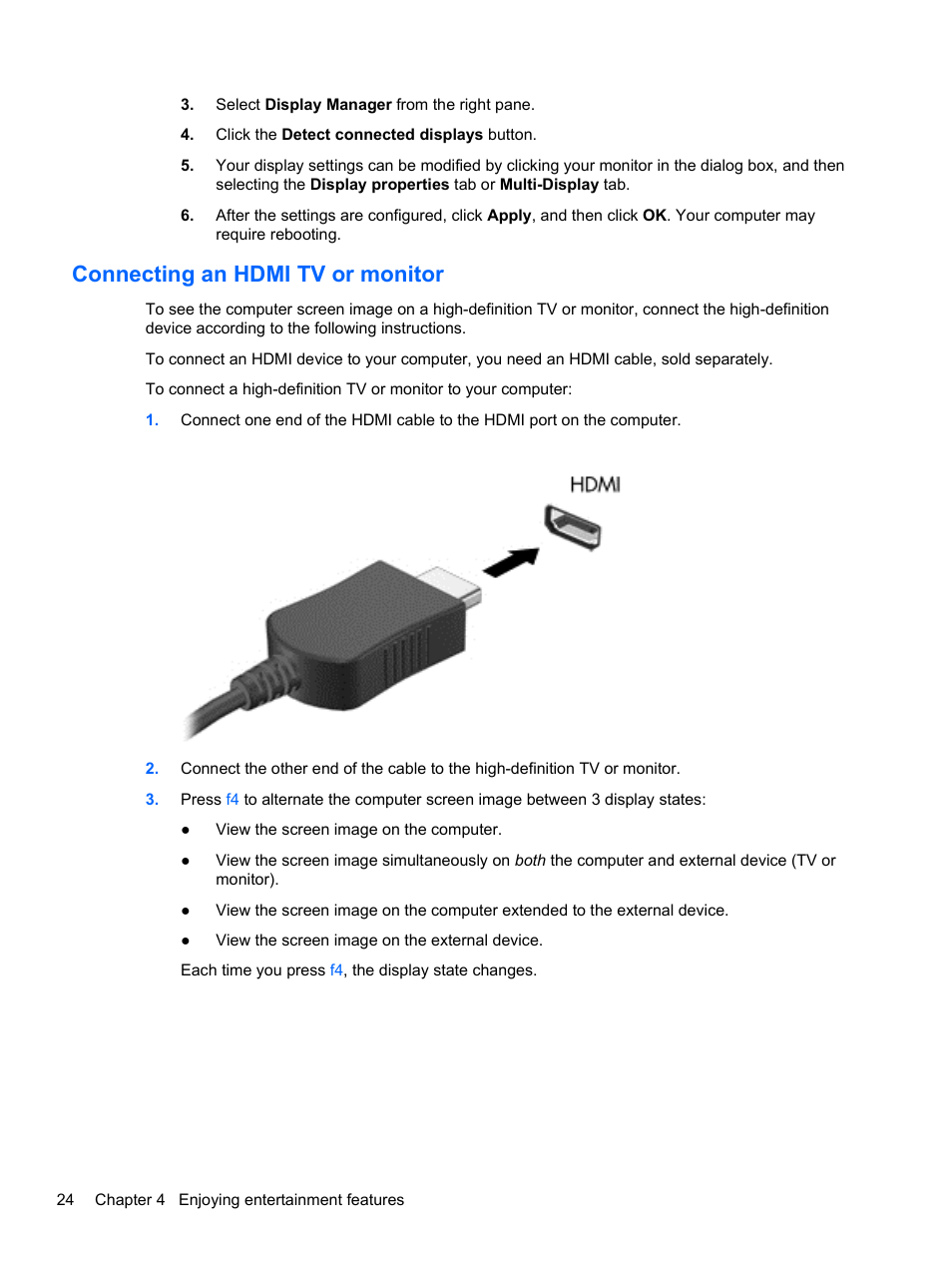 Connecting an hdmi tv or monitor | HP 655 Notebook-PC User Manual | Page 34 / 83