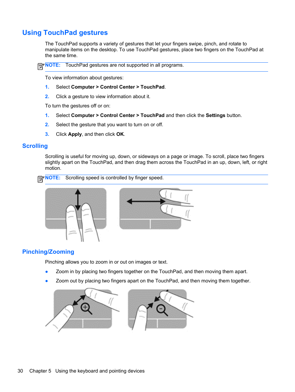 Using touchpad gestures, Scrolling, Pinching/zooming | Scrolling pinching/zooming | HP 655 Notebook-PC User Manual | Page 40 / 83