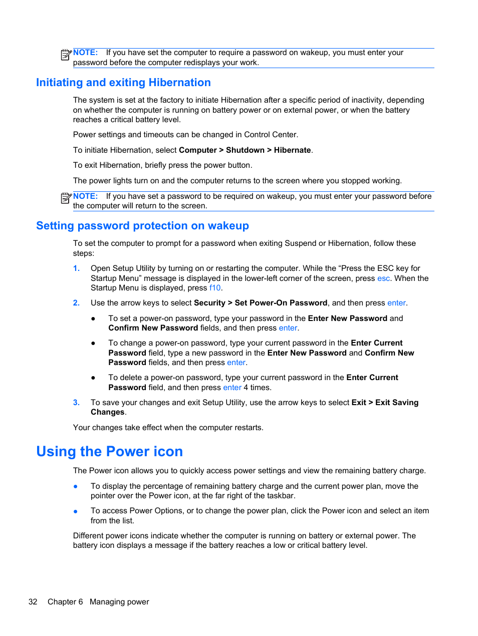 Initiating and exiting hibernation, Setting password protection on wakeup, Using the power icon | HP 655 Notebook-PC User Manual | Page 42 / 83