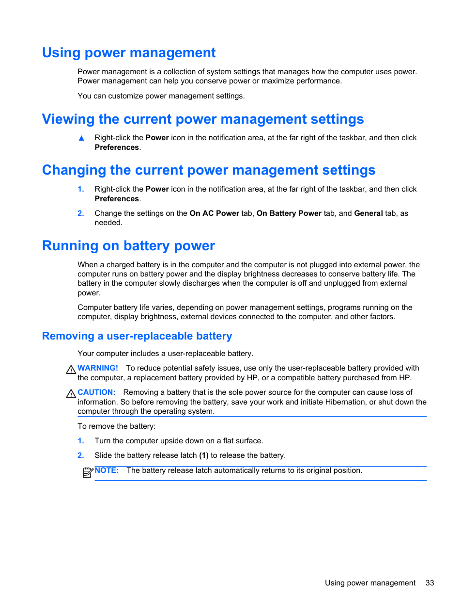 Using power management, Viewing the current power management settings, Changing the current power management settings | Running on battery power, Removing a user-replaceable battery | HP 655 Notebook-PC User Manual | Page 43 / 83