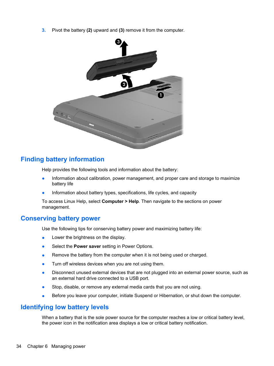 Finding battery information, Conserving battery power, Identifying low battery levels | HP 655 Notebook-PC User Manual | Page 44 / 83