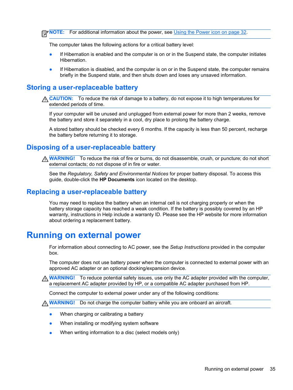 Storing a user-replaceable battery, Disposing of a user-replaceable battery, Replacing a user-replaceable battery | Running on external power | HP 655 Notebook-PC User Manual | Page 45 / 83