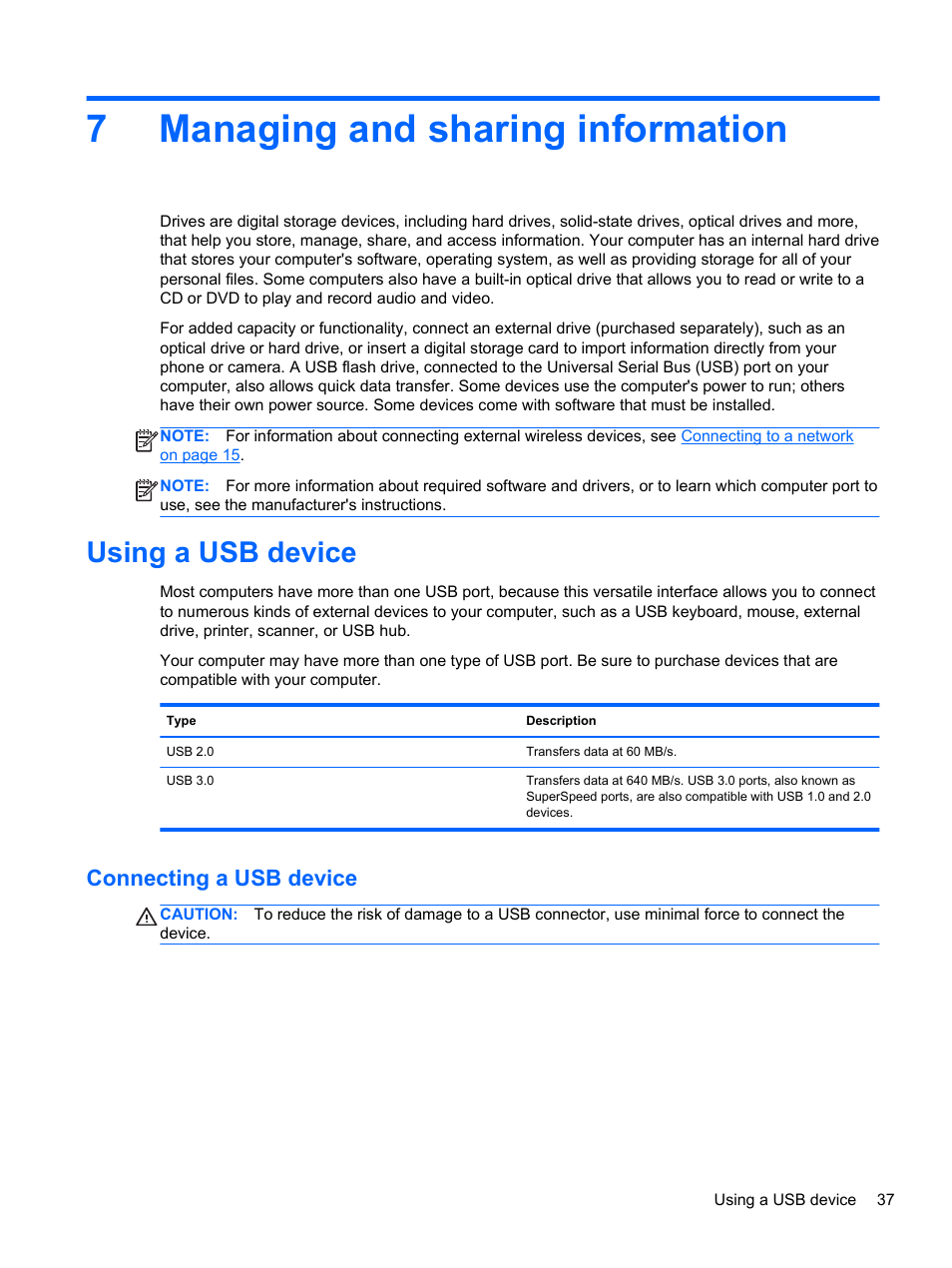 Managing and sharing information, Using a usb device, Connecting a usb device | 7 managing and sharing information, 7managing and sharing information | HP 655 Notebook-PC User Manual | Page 47 / 83