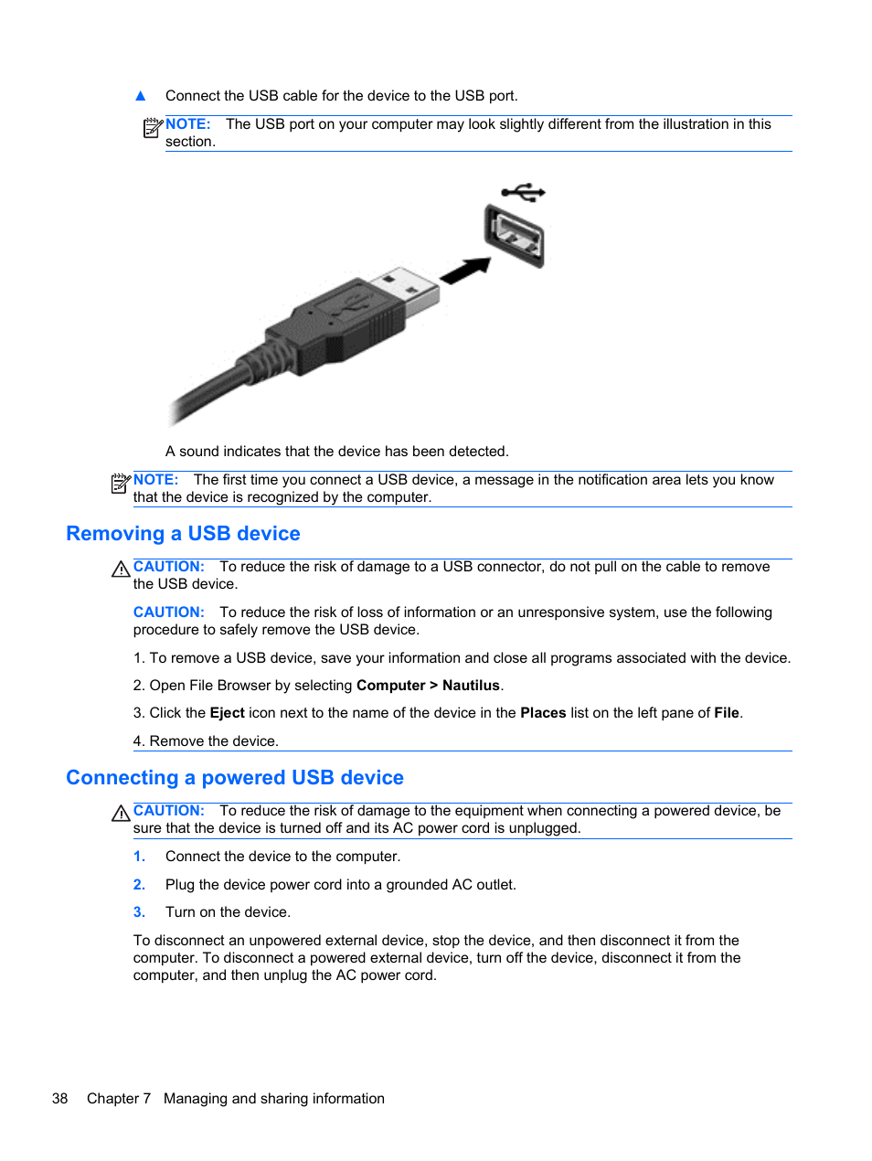 Removing a usb device, Connecting a powered usb device | HP 655 Notebook-PC User Manual | Page 48 / 83