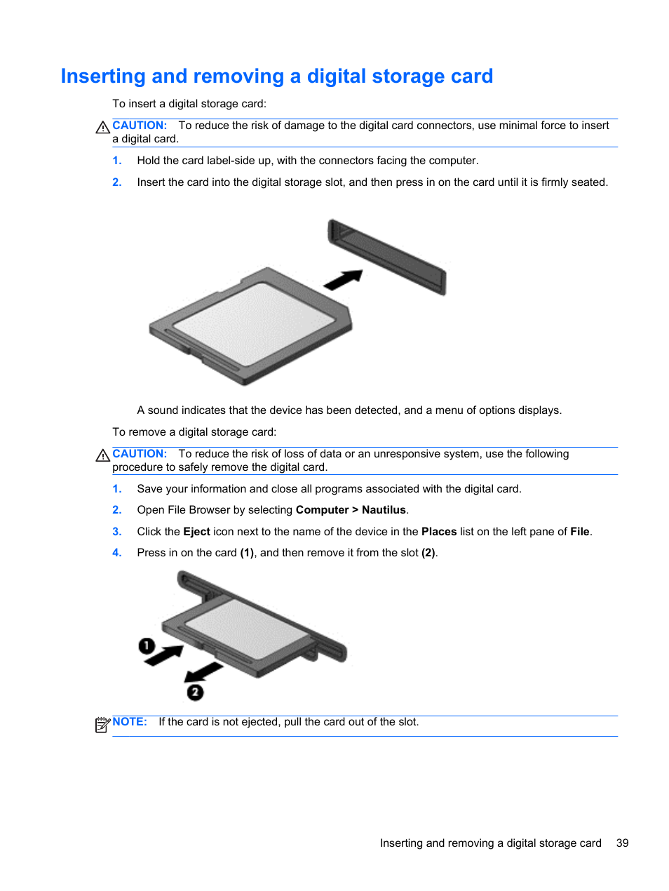 Inserting and removing a digital storage card | HP 655 Notebook-PC User Manual | Page 49 / 83