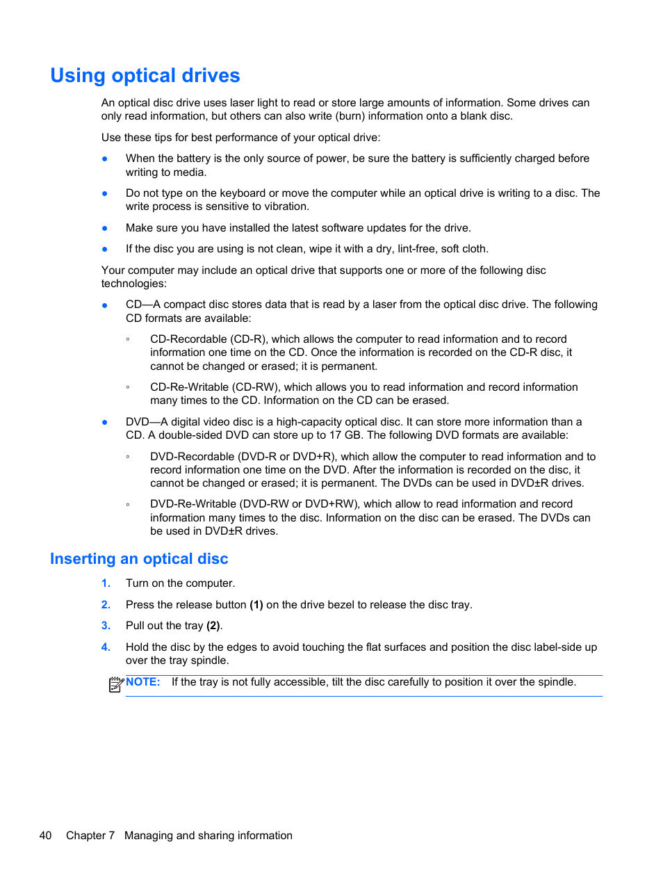 Using optical drives, Inserting an optical disc | HP 655 Notebook-PC User Manual | Page 50 / 83