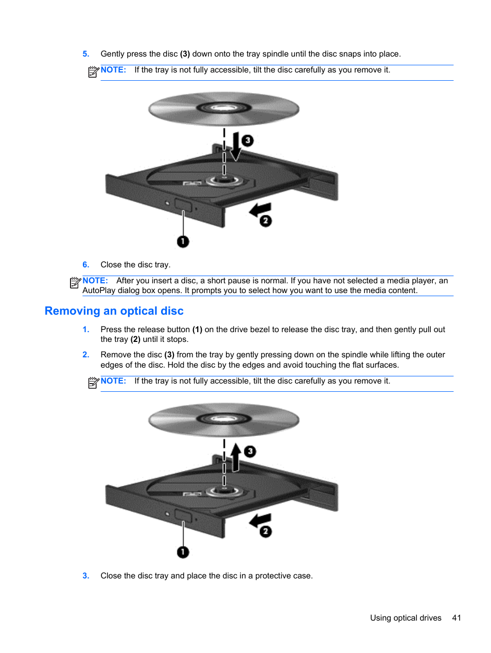 Removing an optical disc | HP 655 Notebook-PC User Manual | Page 51 / 83