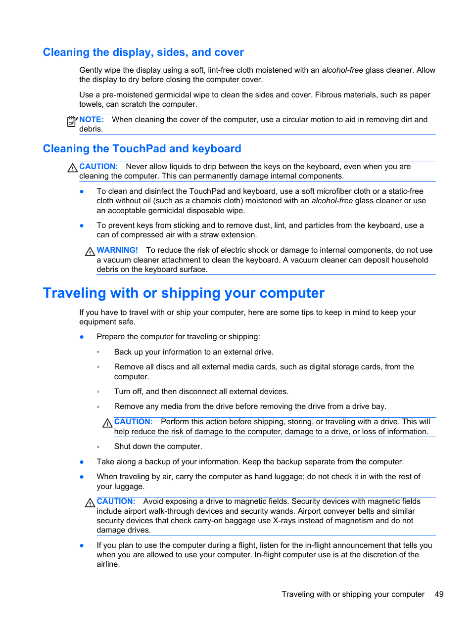 Cleaning the display, sides, and cover, Cleaning the touchpad and keyboard, Traveling with or shipping your computer | HP 655 Notebook-PC User Manual | Page 59 / 83