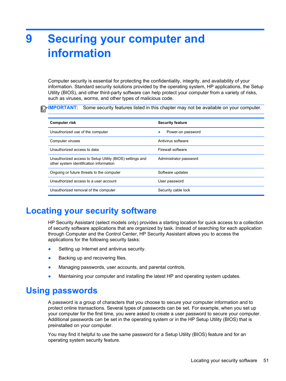 Securing your computer and information, Locating your security software, Using passwords | 9 securing your computer and information, Locating your security software using passwords, 9securing your computer and information | HP 655 Notebook-PC User Manual | Page 61 / 83