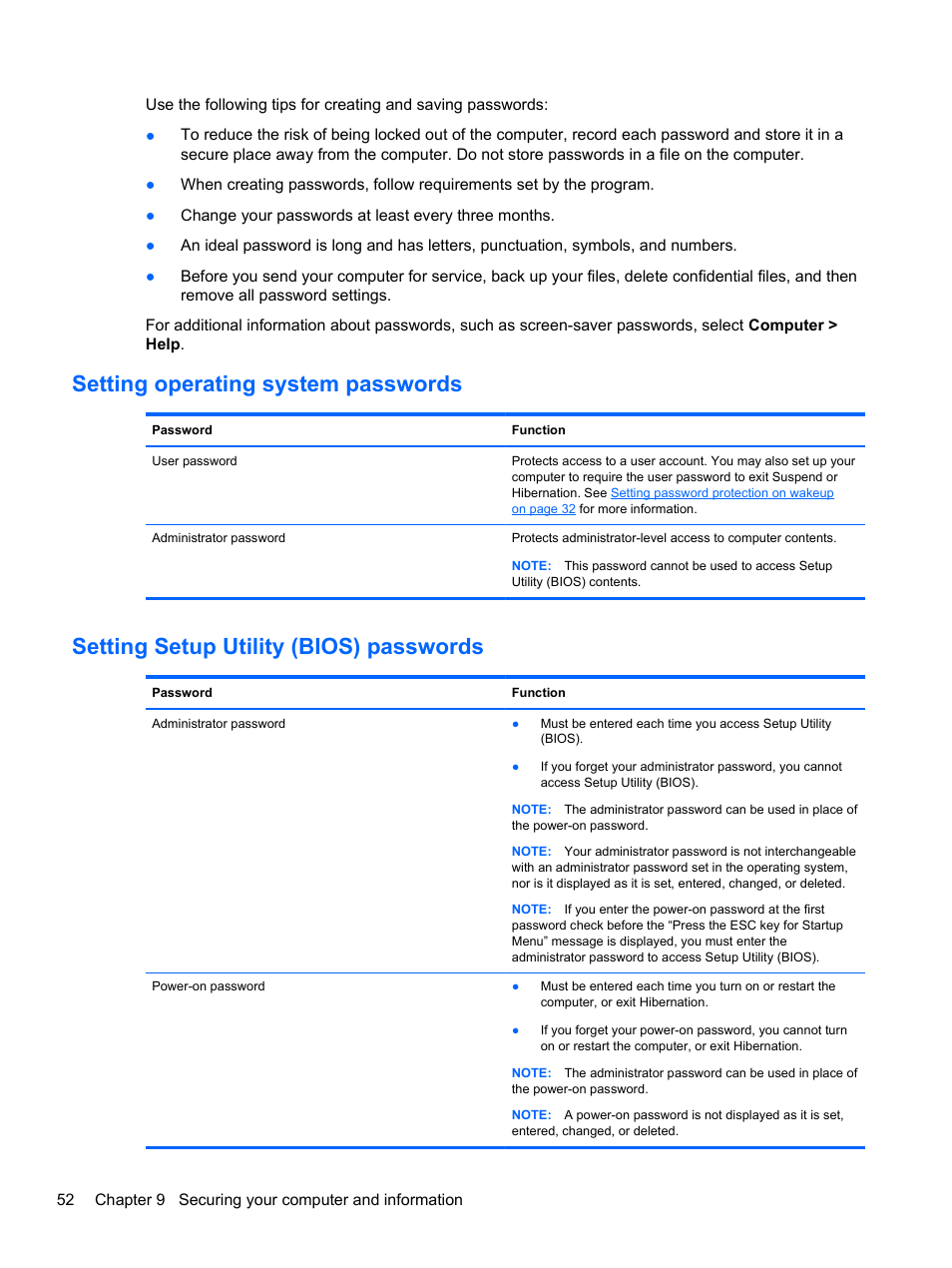 Setting operating system passwords, Setting setup utility (bios) passwords | HP 655 Notebook-PC User Manual | Page 62 / 83