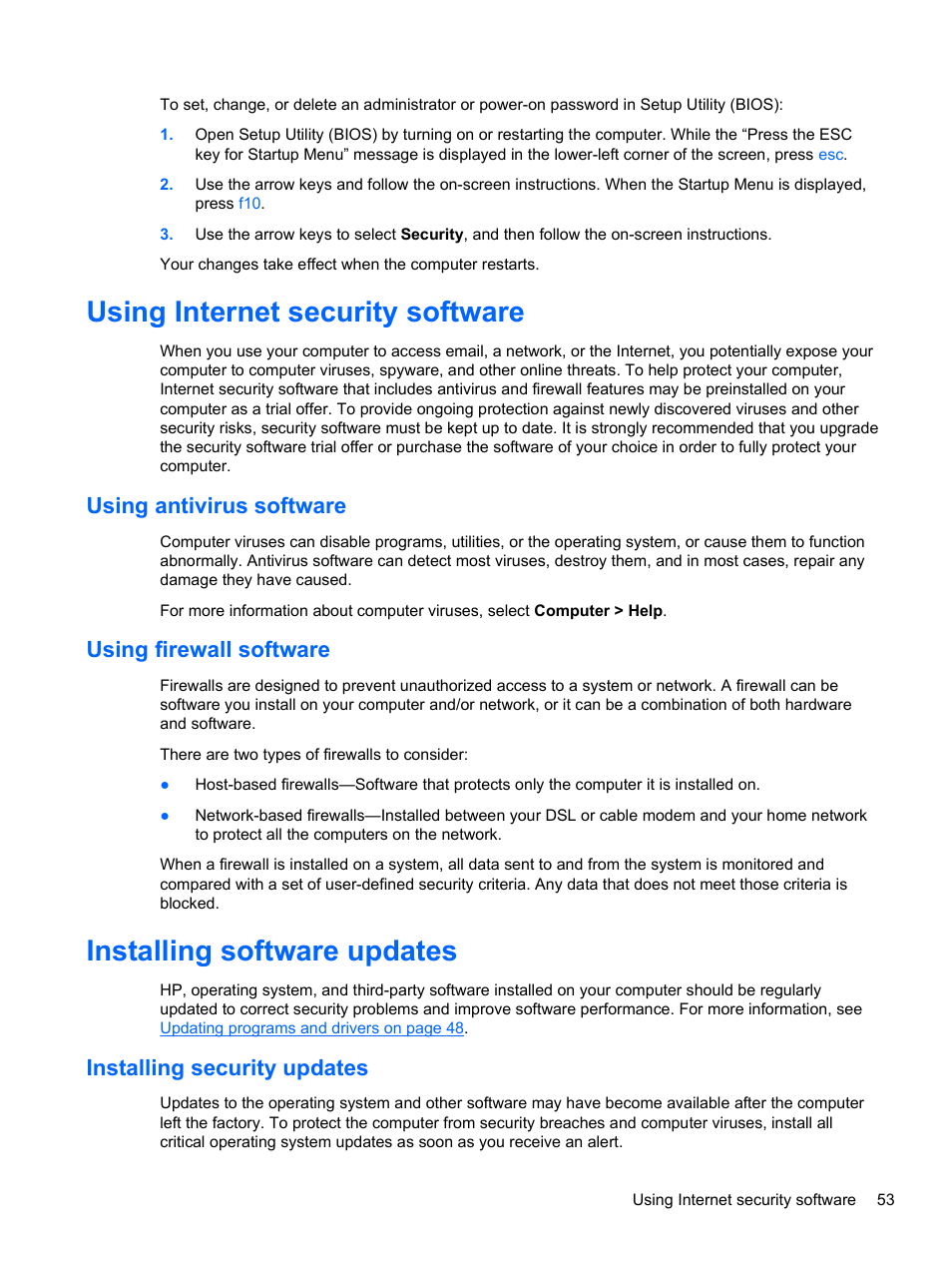 Using internet security software, Using antivirus software, Using firewall software | Installing software updates, Installing security updates, Using antivirus software using firewall software | HP 655 Notebook-PC User Manual | Page 63 / 83