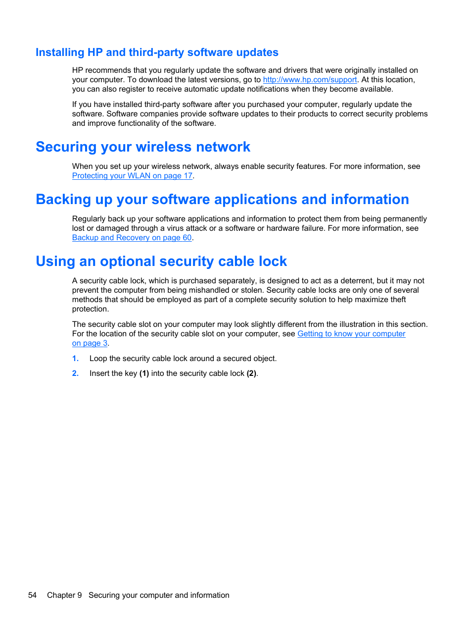 Installing hp and third-party software updates, Securing your wireless network, Using an optional security cable lock | HP 655 Notebook-PC User Manual | Page 64 / 83