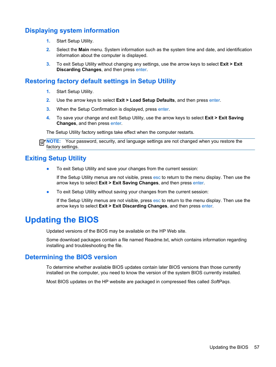 Displaying system information, Exiting setup utility, Updating the bios | Determining the bios version | HP 655 Notebook-PC User Manual | Page 67 / 83