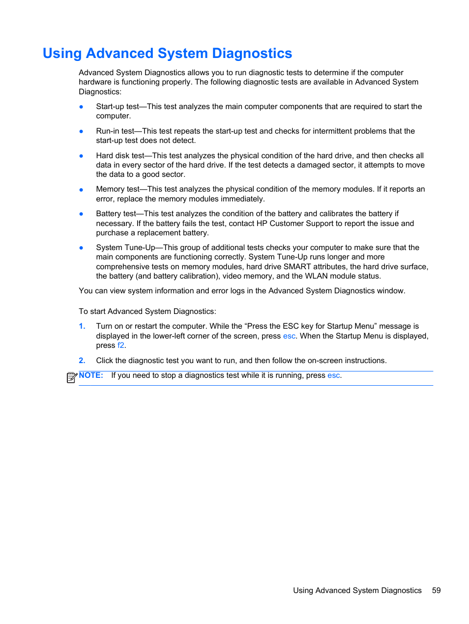 Using advanced system diagnostics | HP 655 Notebook-PC User Manual | Page 69 / 83