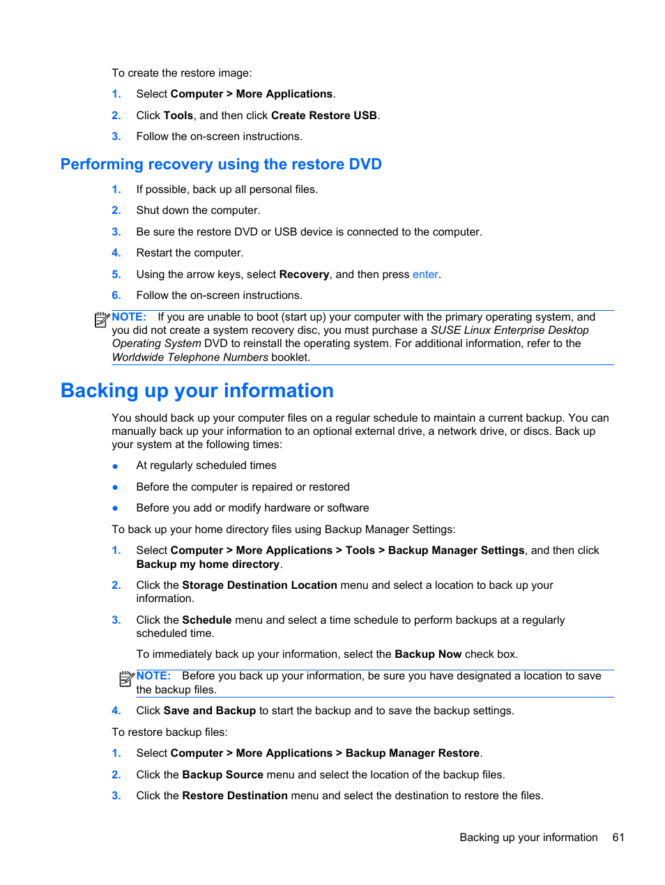 Performing recovery using the restore dvd, Backing up your information | HP 655 Notebook-PC User Manual | Page 71 / 83