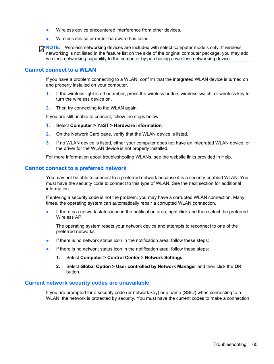 Cannot connect to a wlan, Cannot connect to a preferred network, Current network security codes are unavailable | HP 655 Notebook-PC User Manual | Page 75 / 83