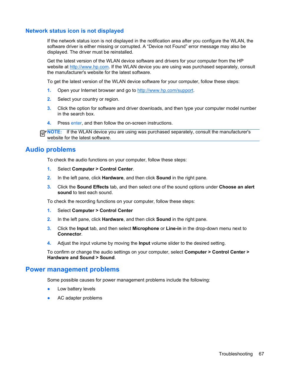 Network status icon is not displayed, Audio problems, Power management problems | Audio problems power management problems | HP 655 Notebook-PC User Manual | Page 77 / 83