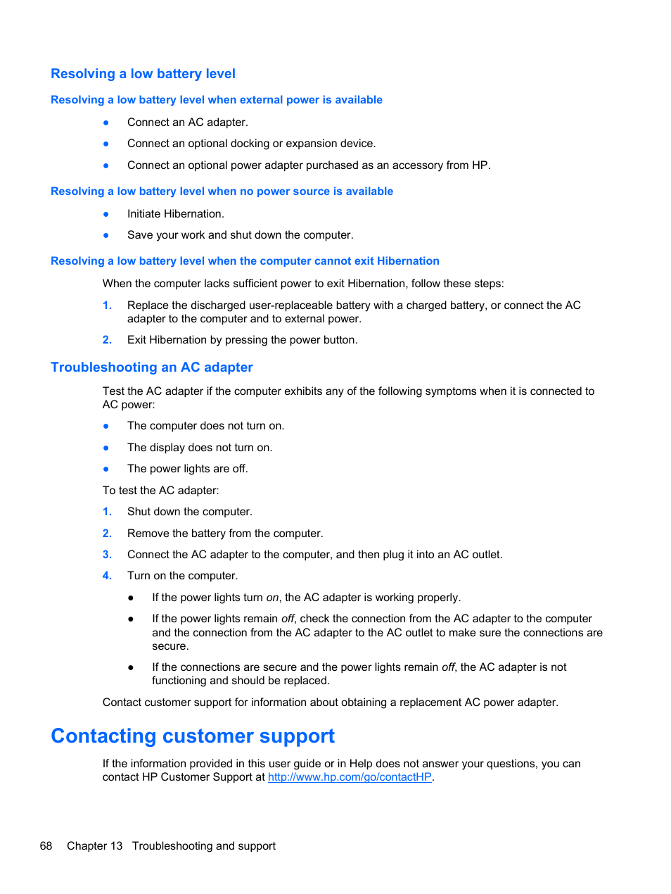 Resolving a low battery level, Troubleshooting an ac adapter, Contacting customer support | HP 655 Notebook-PC User Manual | Page 78 / 83